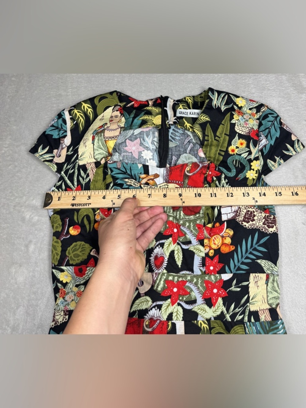 Grace Karin Frida Kahlo Tropical Floral Retro Rockabilly Black Red Dress Size S - Picture 5 of 16